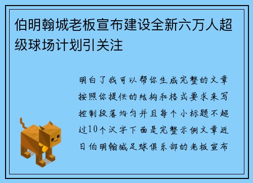伯明翰城老板宣布建设全新六万人超级球场计划引关注 伯明翰城老板宣布建设全新六万人超级球场计划引关注